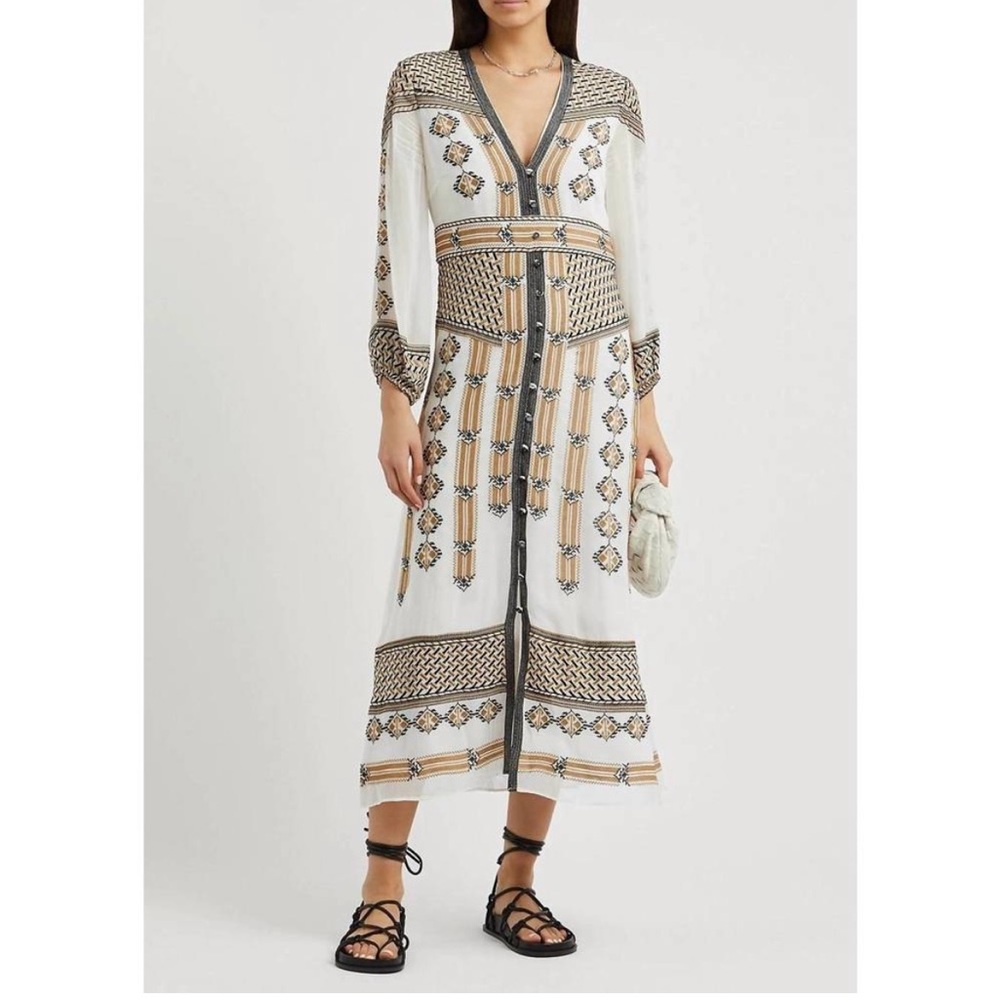 Veronica Beard White and Tan Embroidered Midi Dress